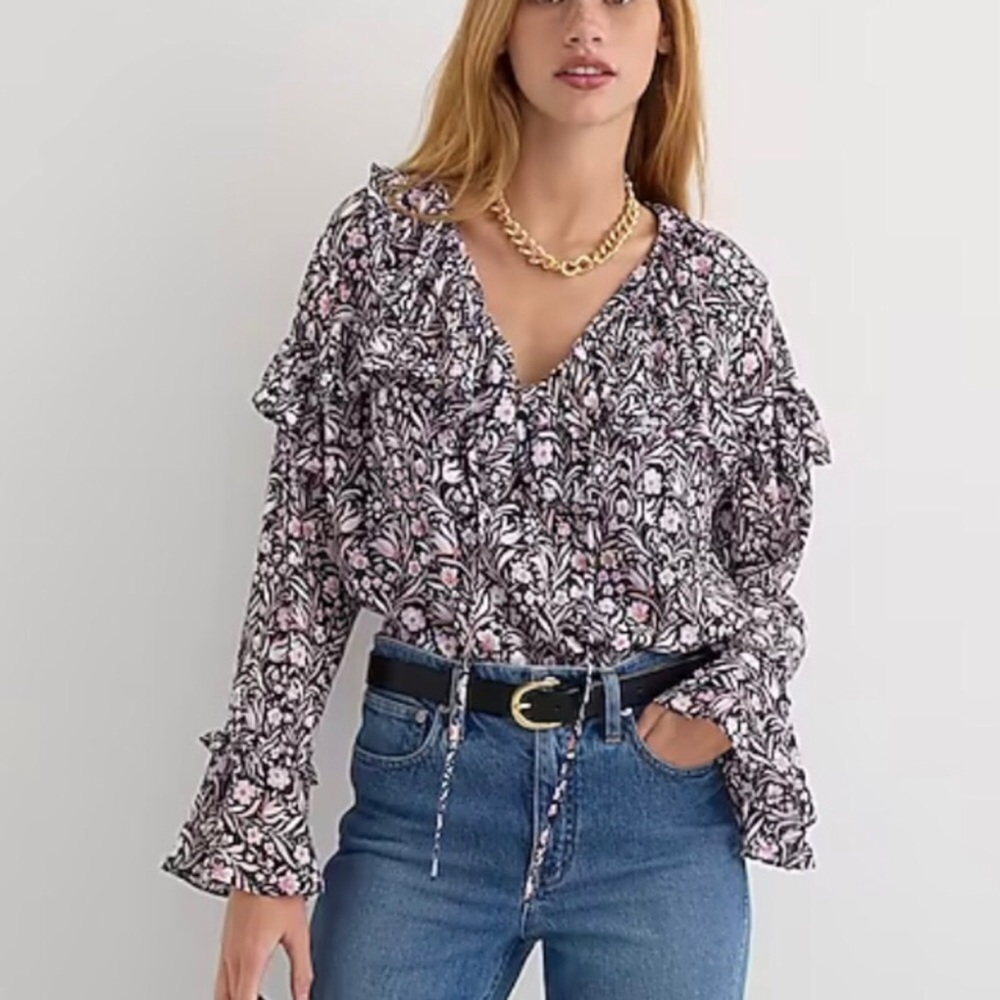 NWT J. Crew ruffle crinkle chiffon top in floral flourish boho festival